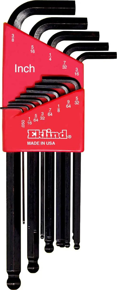 Set of inch-sized ball end hex L keys in red holder, part of Ball End Hex L Key Allen Wrench Set With Inch And Metric Sizes, USA made.