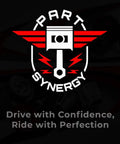 Part Synergy logo with piston and wings, text reads 'Drive with Confidence, Ride with Perfection' over dark automotive background