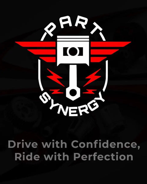 Part Synergy logo with piston and wings, text reads 'Drive with Confidence, Ride with Perfection' over dark automotive background