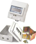 DIY Friendly Energy Meter And Indoor Enclosure Kit Bundle For Two Or Three Wire Single Phase 120 To 240 Volt Pass Through KWh Meter With Custom Indoor Enclosure Cover DIN Rail Ready And Plug And Play Easy Install, showing meter and enclosure components.