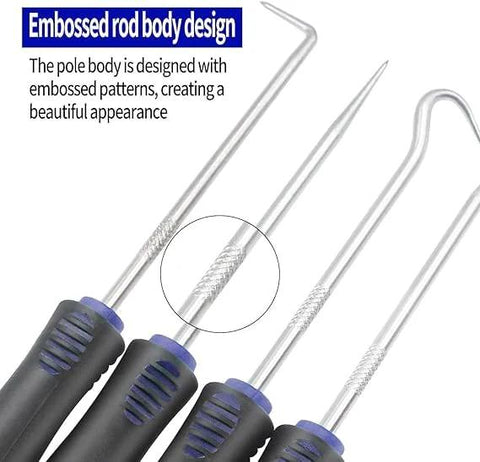 Front view of a 4-piece automotive pick and hook tool set with black handles, blue collars, and silver shafts.