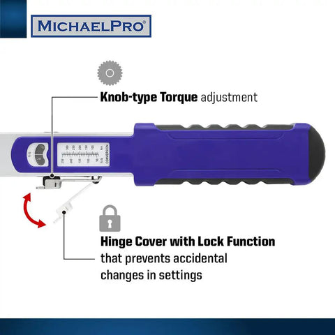 Half Inch Drive Split Beam Torque Wrench With Flex Head, showing knob adjustment and lock hinge, 40 to 250 ft-lb range