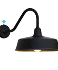 Gooseneck Barn Light With 15 Inch Arm Dusk To Dawn Outdoor Porch Fixture in black aluminum with energy saving photocell sensor.