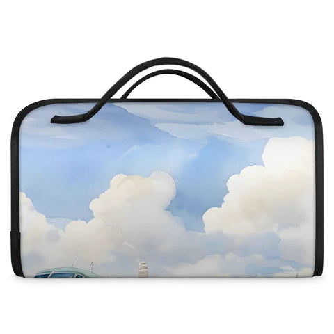 Aircraft Pattern Roll Up Cosmetic Bag with cloud design and handle, waterproof travel organizer for women.