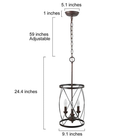Front view of Three Light Industrial Chandelier With Bronze Finish And Cylinder Metal Shade Dope Vintage Vibe with dimensions
