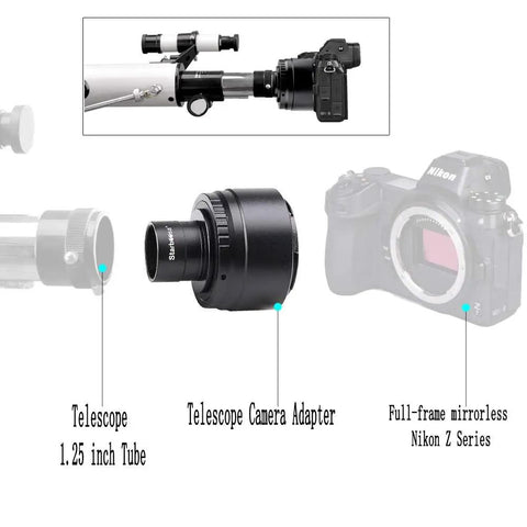 Telescope Camera Adapter Mount For Nikon Z Series Full-Frame Mirrorless With 1.25 Inch T Adapter setup illustration