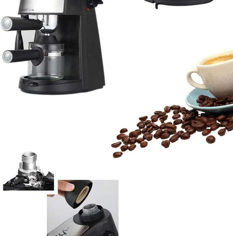Top Shelf Espresso Coffee Machine With Quick Steam Milk Frother For Creamy Cappuccinos And Bold Lattes Compact Five Bar Brewer, coffee beans and cup.