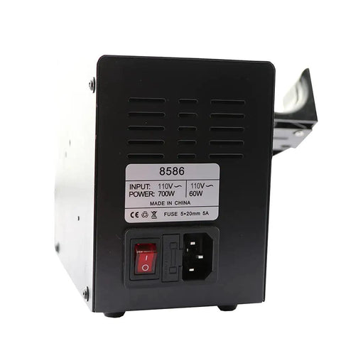Back view of 2in1 Hot Air Rework Station With Soldering Iron 750W 110V, showing power switch and input details.