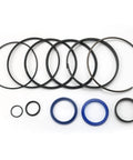 Flat lay of hydraulic log splitter cylinder rebuild seal kit with black O-rings and blue seals for a 4.5 in bore x 1.75 in rod.