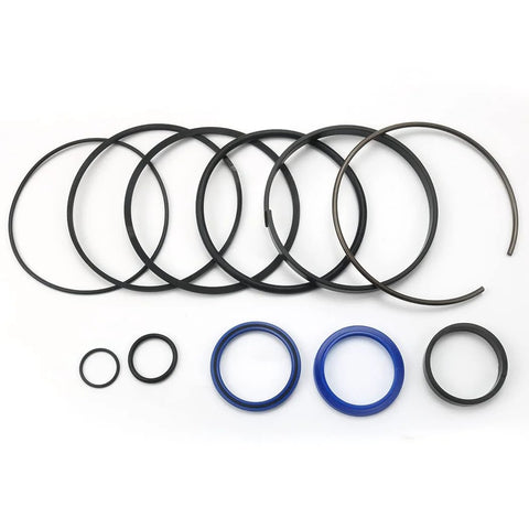 Flat lay of hydraulic log splitter cylinder rebuild seal kit with black O-rings and blue seals for a 4.5 in bore x 1.75 in rod.