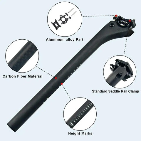 Ultralight Carbon Bike Seat Post 25mm Offset 400mm 30.8Mm Diameter UD Matte 3K Finish with features labeled