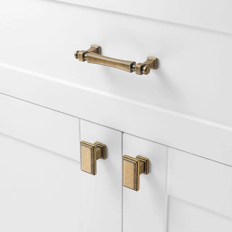 French Style Antique Brass Cabinet Pulls 3 Inch Center To Center Solid Metal Drawer Handles on white cabinet.
