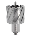 Front view of OSCARBIDE annular cutter with Weldon shank; 1-5/8 in cutting diameter, 1 in depth of cut.