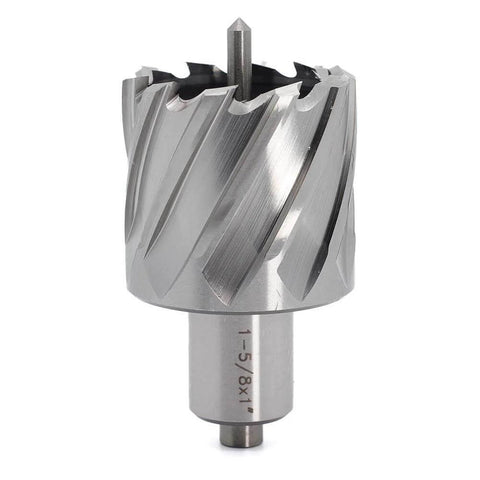 Front view of OSCARBIDE annular cutter with Weldon shank; 1-5/8 in cutting diameter, 1 in depth of cut.