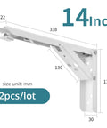 Slick Fold Away Corner Brackets For Wall Shelves And Tables Heavy Duty Support With No Sweat Screw Setup Straight Up Easy Hidden Triangle Mount White 14 Inch pair side view with dimensions