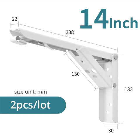 Slick Fold Away Corner Brackets For Wall Shelves And Tables Heavy Duty Support With No Sweat Screw Setup Straight Up Easy Hidden Triangle Mount White 14 Inch pair side view with dimensions