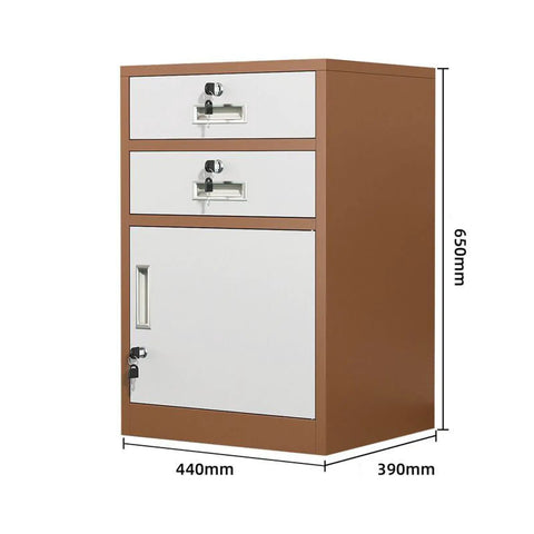 Sturdy Metal File Cabinet With Adjustable Shelves And Lockable Drawers In Rich Brown Finish with dimensions visible