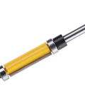 Kick Your Woodworking Game Up A Notch With This Sweet 1-1/2 Inch Flush Trim Router Bit featuring a yellow coat and dual bearings.