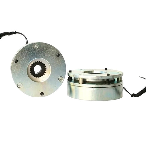 OOIOPCI micro power-loss electromagnetic brake; metal housing with gear hub, front and side views (2 units)