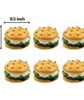Hamburger Hinge Toppers Set Of 6 Magnetic Door Decor Mini Burgers For Metal Surfaces on display with size dimensions.