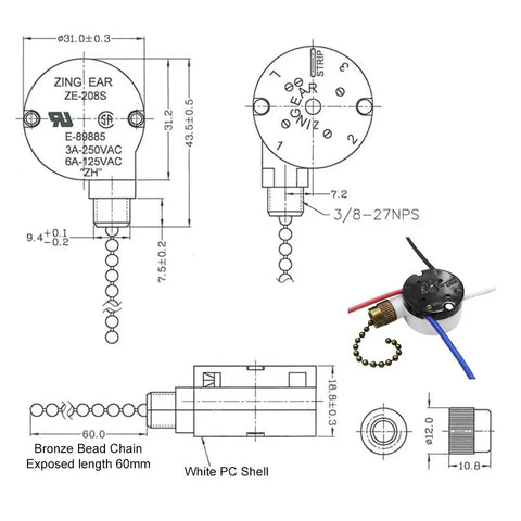 Technical diagram and photo of Two-Wire Ceiling Fan Light Switch With Pull Chain Easy Install For Ceiling Fans Lamps And Wall Lights On Off Control Bronze Finish 2-Pack Replacement Part Compatible With Harbor Breeze Fans ZE-109.