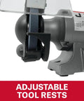 Six Inch Bench Grinder With 3450 Rpm And Quarter Horsepower Motor showing adjustable tool rests for precision metal shaping.