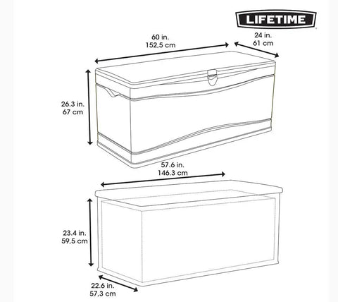 Dimensions diagram of 130 Gallon Desert Sand Deck Box With Weatherproof HDPE Construction and powder-coated steel hinges