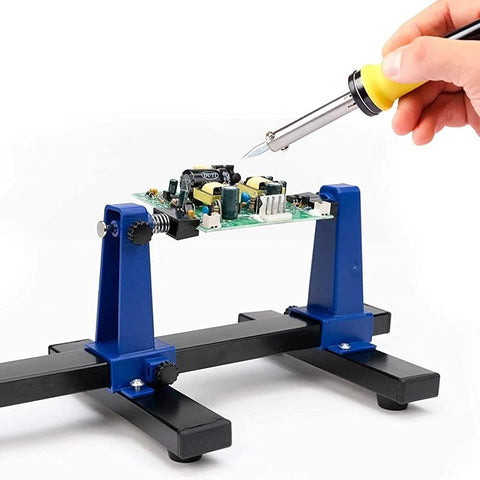 Adjustable PCB Holder And Soldering Gear With 360 Degree Rotation, Heavy Duty Metal Base and Circuit Board Repair in use
