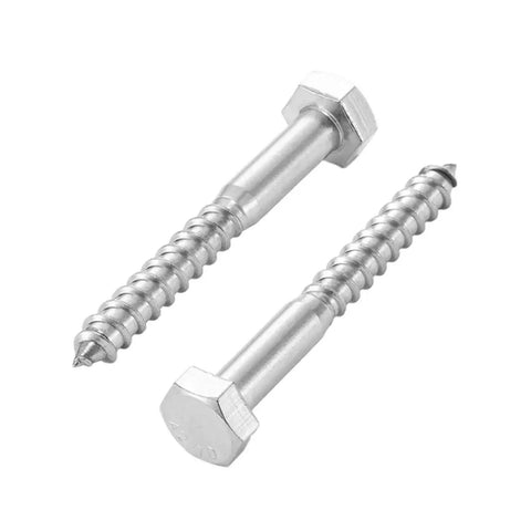 Close-up of hex head lag screws from Three Eighths By One And One Half Inch Hex Head Lag Screws Kit, 304 Stainless Steel 18-8.