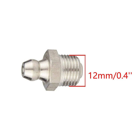 Hydraulic Zerk Grease Nipple Kit Ten Piece Gearhead Grade M12 Straight Thread Fittings, steel, silver tone, side view