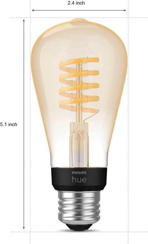 Smart Vintage Edison Filament LED Bulb ST19 White Ambiance, 7W, E26, App Control, spiral filament and dimensions