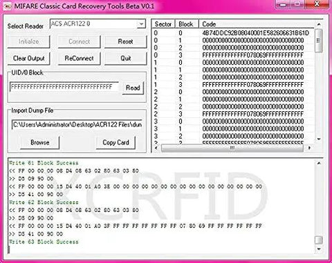 Screenshot of ACR122u A9 Dope Reader Writer software interface displaying sector, block, and code data for UID changeable cards.