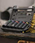 Color-coded impact socket set with open box, featuring Two In One Impact Socket With Hands Free Size Swap, Deep 12 Point, Coaxial Spring Loaded.