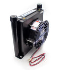 Hydraulic Air Cooler With Aluminum Alloy Frame Heavy Duty 25 LPM Flow 1350W Cooling 3 MPa Working DC 12V Small Radiator Oil Cooler And Heat Exchanger For Auto And Industrial Cooling, side view, black aluminum frame with fan and wires.