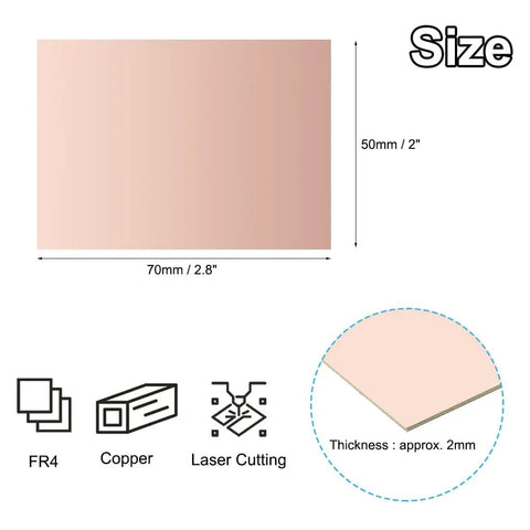 Diagram of 2x2.8 Inch Double Sided Copper Clad Laminate PCB Pack Of 6, showcasing size and thickness of 2mm for DIY projects.