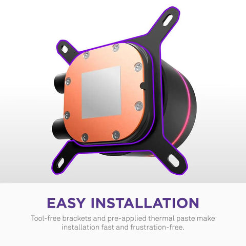 Keep Your Rig Ice Cold With This Dope 240MM AIO CPU Cooler showing copper and black pump head with easy installation features.