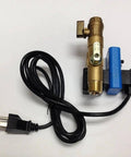 Front view of brass timed electric auto drain with strainer, 1/4'' NPT, blue solenoid and power cord