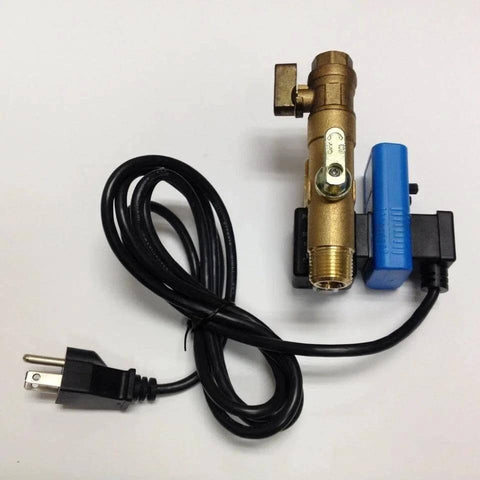 Front view of brass timed electric auto drain with strainer, 1/4'' NPT, blue solenoid and power cord