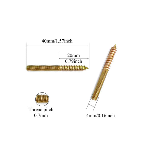 Pro Grade Shop Checked M4 X 40mm Hanger Bolts 20 Pack Heavy Duty Galvanized Steel Double Ended Wood Screws displayed with dimensions.