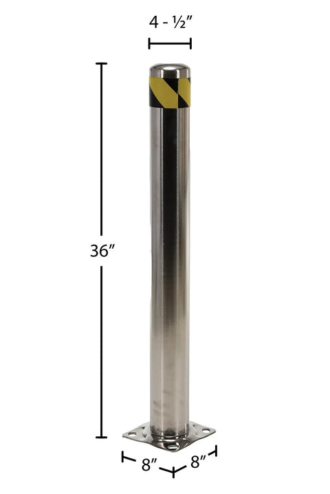 Heavy Duty Stainless Steel Pipe Safety Bollard Tough As Nails Wall 36 Inch X 4-1/2 Inch Polished Silver displayed with dimensions.