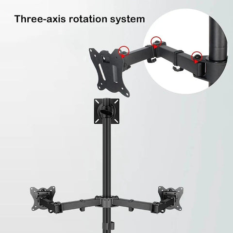 Heavy Duty Floor TV Stand For Triple Displays With Fully Adjustable Arms For 14 To 27 Inch Screens featuring a three-axis rotation system.
