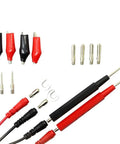 Digital Multimeter Probe Kit With 16 Piece Needle Tip Probes Insulated Clips And Test Pens For 4mm Meters In Card Slot 1000V Rated Versatile Measurement Accessory Kit laid out showing red and black probes, clips, and connectors.