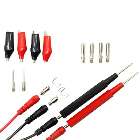 Digital Multimeter Probe Kit With 16 Piece Needle Tip Probes Insulated Clips And Test Pens For 4mm Meters In Card Slot 1000V Rated Versatile Measurement Accessory Kit laid out showing red and black probes, clips, and connectors.