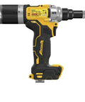 Rugged Brushless Cordless Rivet Drops Some Serious Muscle For No Sweat Stainless Steel Fastening And Cranks Out Three Hundred Rivets Per Charge With Foolproof Nose Piece Swap Design, black and yellow cordless rivet gun, side view
