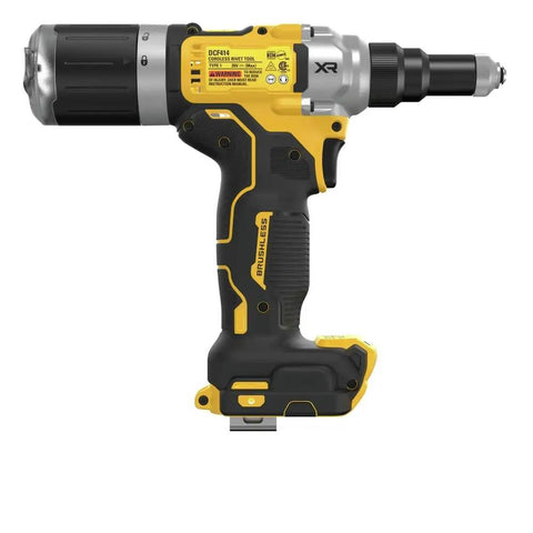 Rugged Brushless Cordless Rivet Drops Some Serious Muscle For No Sweat Stainless Steel Fastening And Cranks Out Three Hundred Rivets Per Charge With Foolproof Nose Piece Swap Design, black and yellow cordless rivet gun, side view