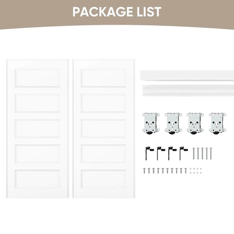 Package contents of 5-Panel Bypass Sliding Closet Door With Steel Frame, White Primed Finish, 72 X 80 Inches, including hardware.