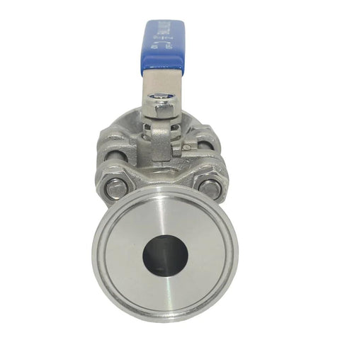 VARMHUS 1/2in sanitary ball valve with blue lever, 304 stainless steel, fits 1.5in tri-clamp.