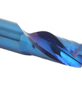 Close-up of Pro Grade Tungsten Steel Spiral Milling Cutter with blue coating 6x12x45 mm for CNC machining and smooth finishing.