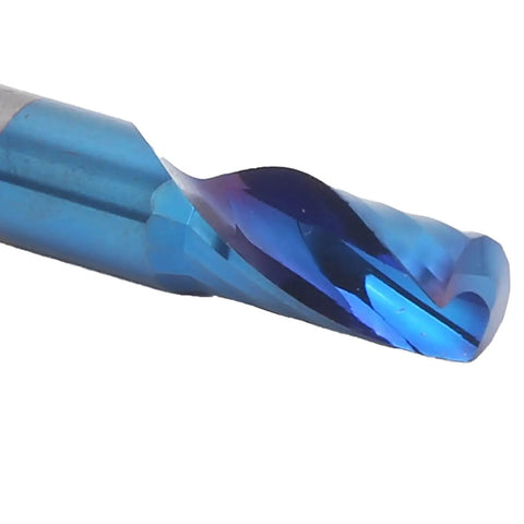 Close-up of Pro Grade Tungsten Steel Spiral Milling Cutter with blue coating 6x12x45 mm for CNC machining and smooth finishing.
