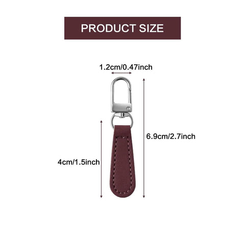 Dope 8 Piece Leather Zipper Pull Replacement Kit With Detachable Handles, shown in burgundy with clip measurements